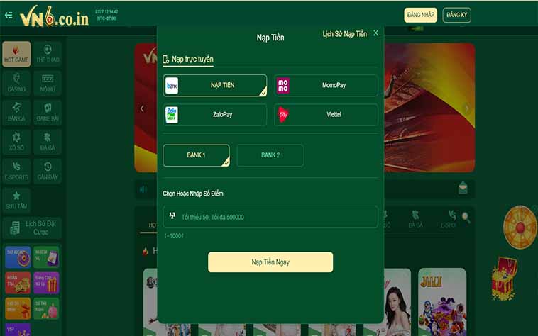 Nạp tiền Vn6 qua chuyển khoản ngân hàng