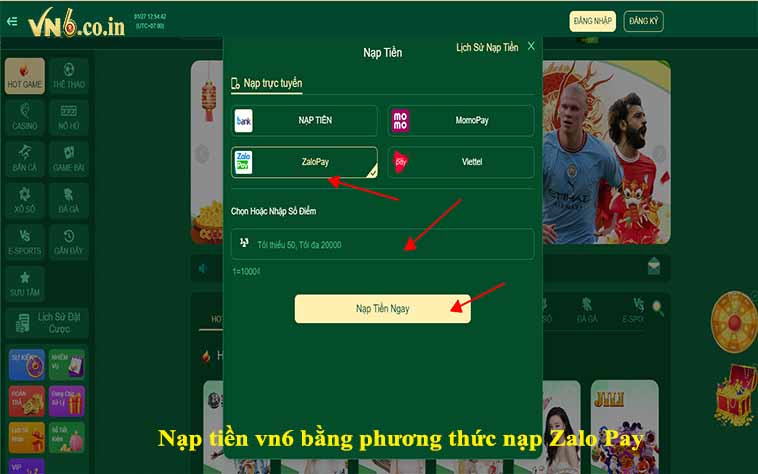 Nạp tiền vn6 bằng phương thức nạp Zalo Pay